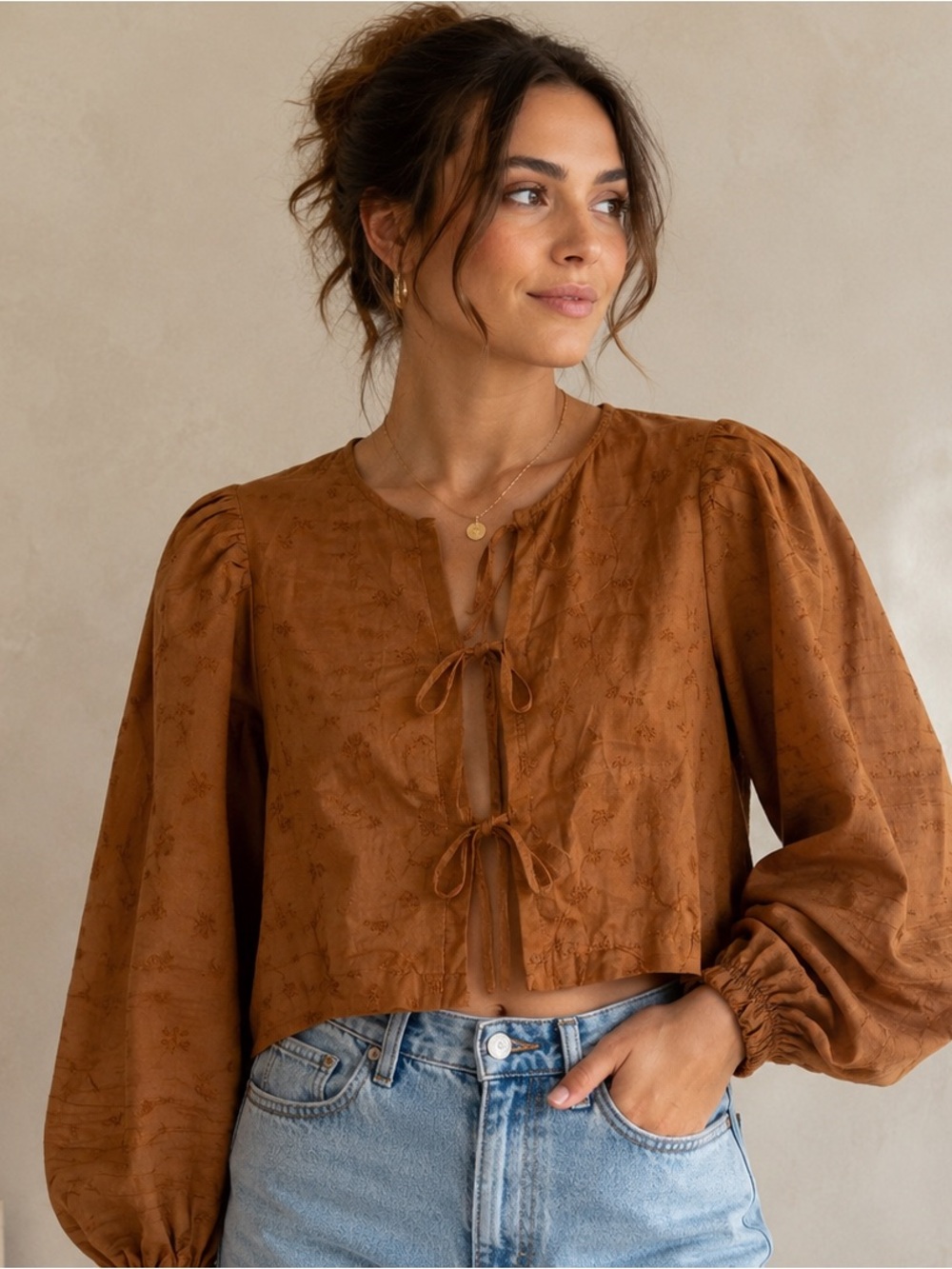 Womens Rust Brown Tie-Front Peasant Blouse